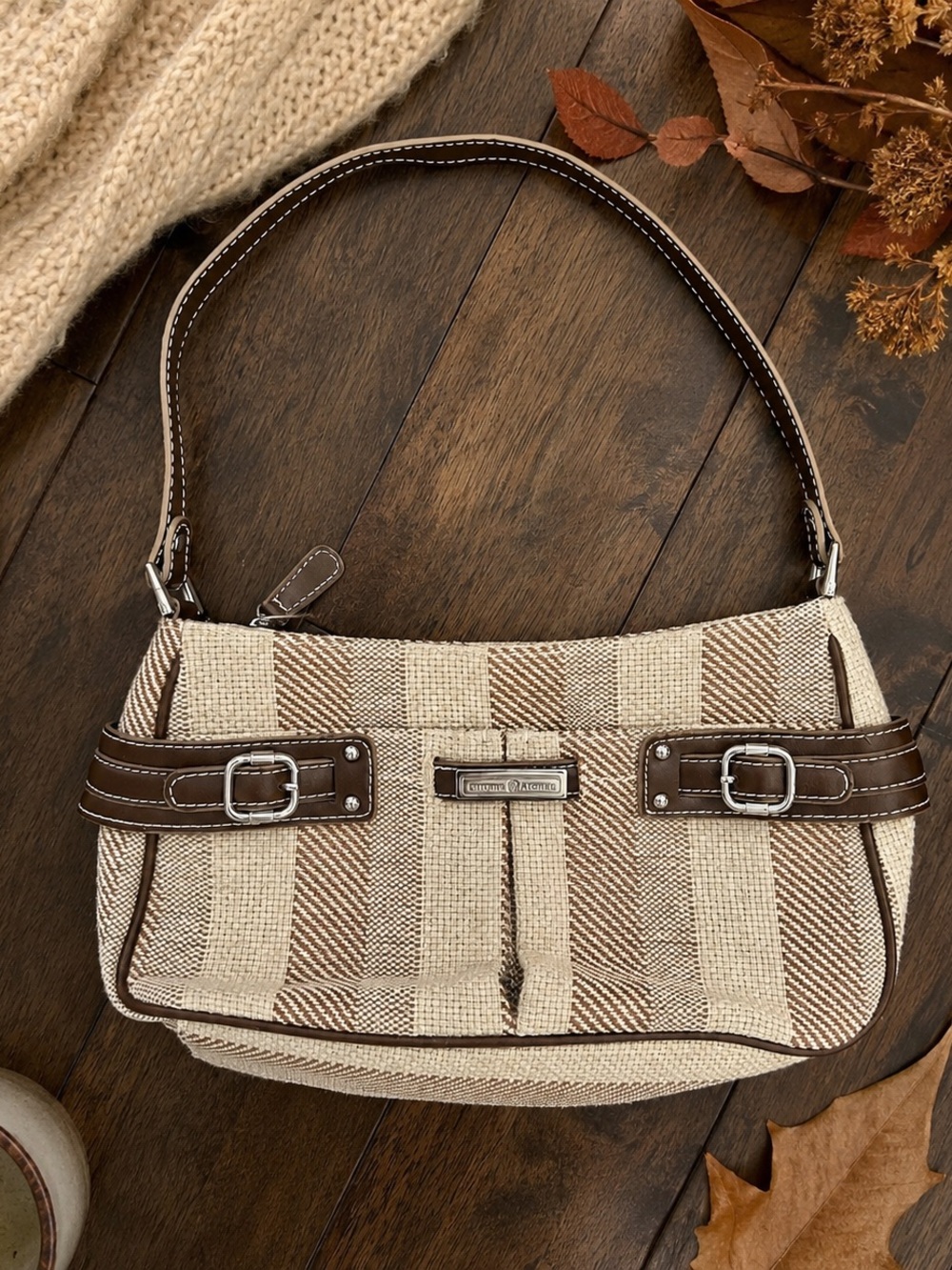 Etienne Aigner Beige Brown Woven Shoulder Bag Buckle Purse Y2K
